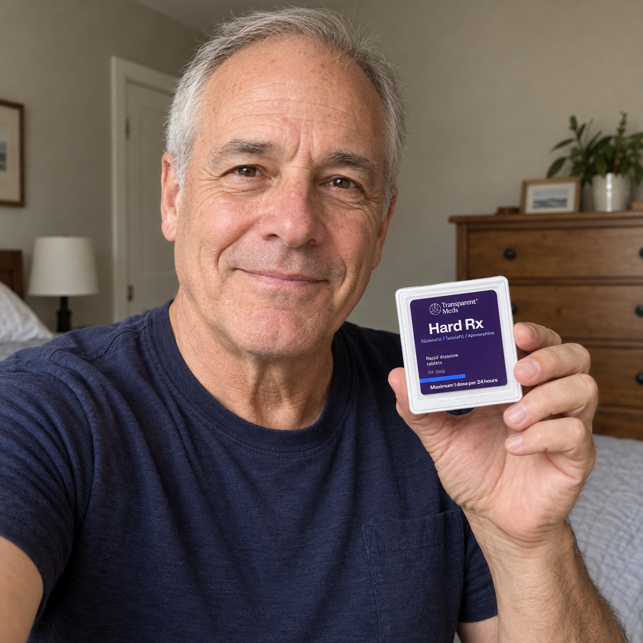 Illustrative mature male model holding a Hard Rx case